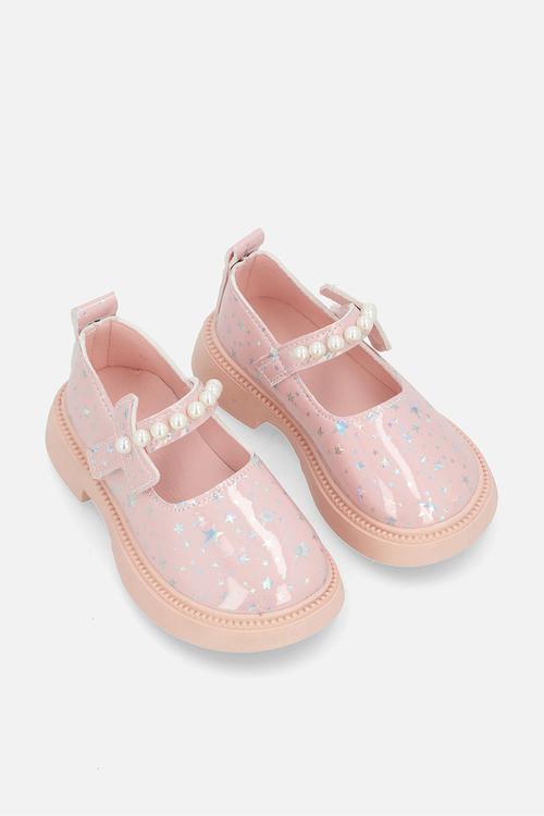 Mary Janes with pearl studded strap - pink/stars multi