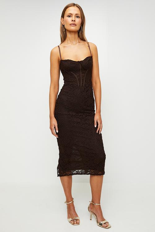 Lace Midi Dress - Dark Brown