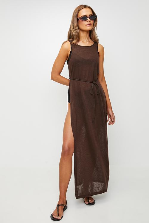 Maxi Knitted Slit Beach Dress - Brown