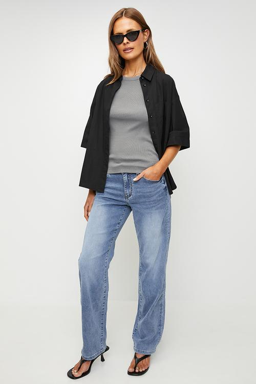 Mid Waist Straight Leg Comfort Denim Jean - Light Wash