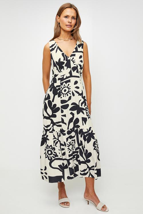 Sleeveless V-Neck Abstract Printed A-Line Max Dress - Ivory