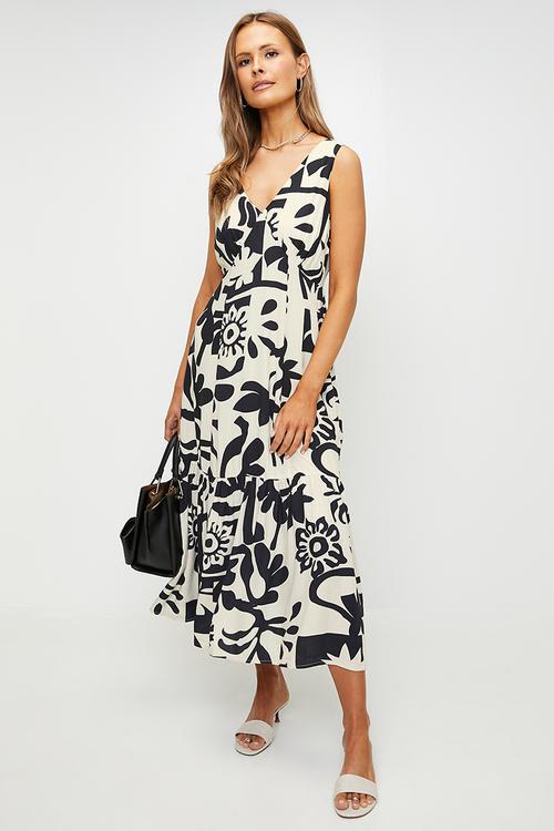 Sleeveless V-Neck Abstract Printed A-Line Max Dress - Ivory