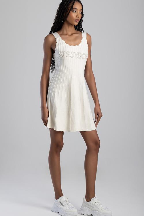 As You Wish: Knitwear Mini Dress With A Flare Hem And Scallop Edge Detail - Cream