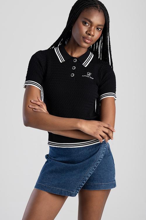 Georgiana: Polo Knit Logo Shirt - Black