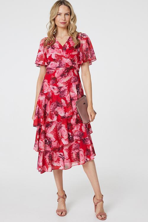 Midi Dress With 3 Asymmetrical Tiers - Red