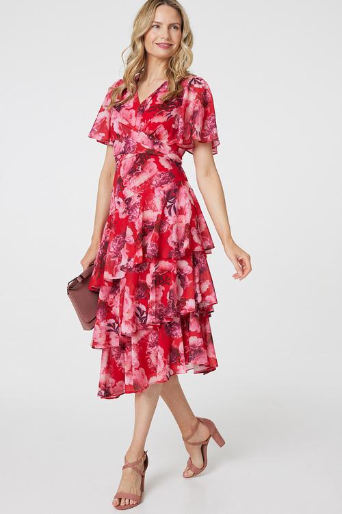 Midi Dress With 3 Asymmetrical Tiers - Red