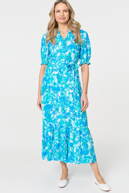 Maxi One Tiered Dress With Tie Belt - Blue