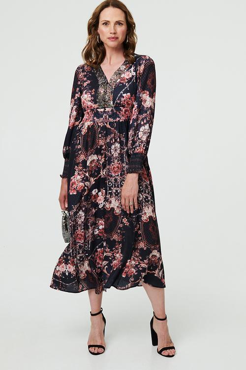 Smocked Sleeve V-Neck Border Maxi Dress - multi