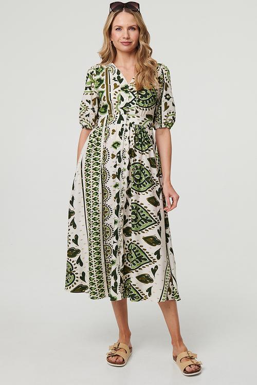 V-neck Covered Buttons A-Line Maxi Dress - Green