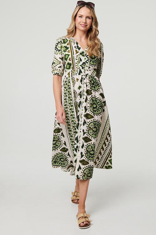 V-neck Covered Buttons A-Line Maxi Dress - Green