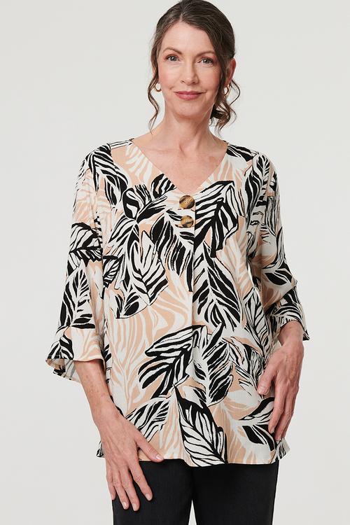 Two Buttons Easy Earing Blouse - Multi Beige