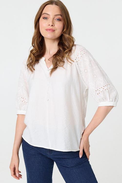Mandarin Collar Keyhole Easy Wearing Blouse - White