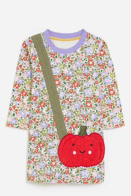 Merrow edged pumpkin dress with applique strap - multi/floral aop