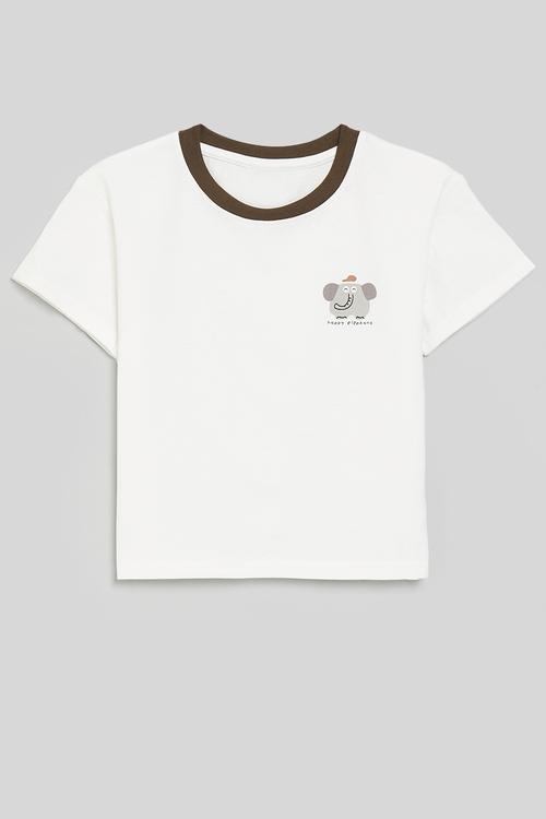 Crew neck tee with placement print - white/dark brown/elephant