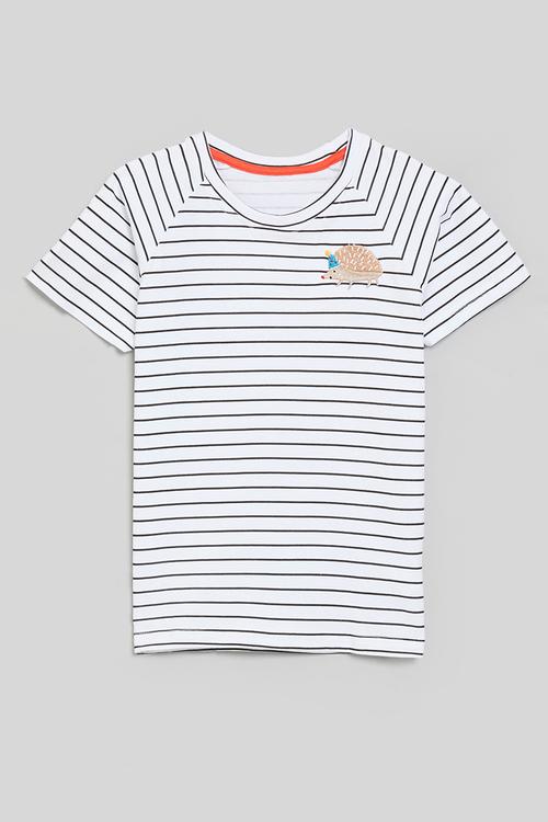 Striped tee with embroidered party hedgehog - white/black