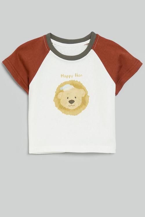 Raglan sleeve tee with placement print - burnt orange/white/happy lion