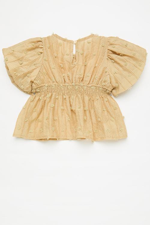 Textured clip dot bubble sleeve top - beige