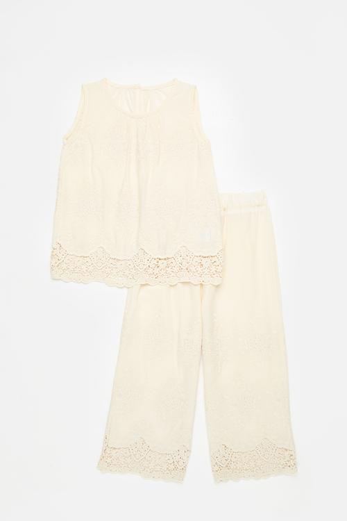 Scallop hem top & pants with crochet lace hem - ecru