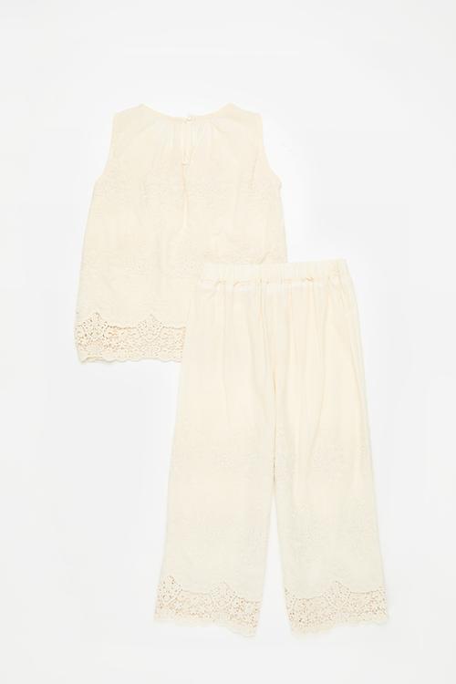 Scallop hem top & pants with crochet lace hem - ecru