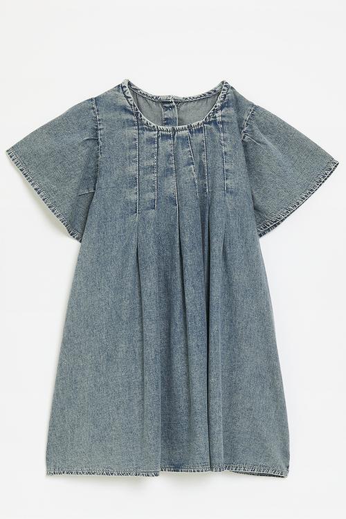 Button closure denim dress with descending pin tuck detail - blue