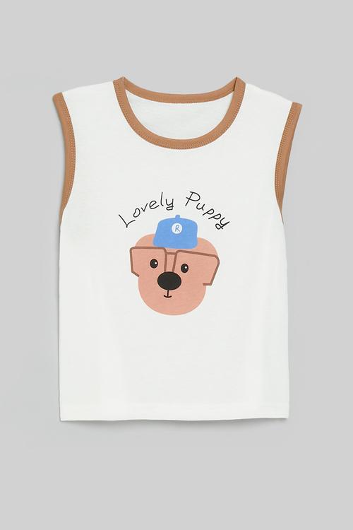Placement print vest with contrast rib - white/brown/lovely puppy