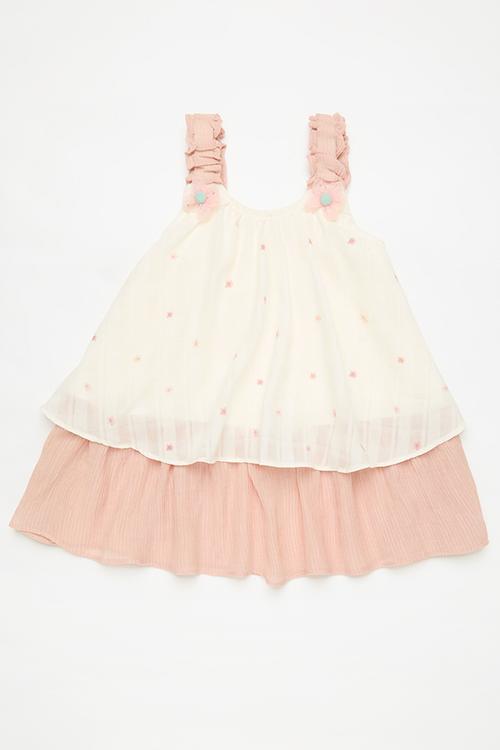 Contrast tiered dress with elasticated straps - pink/white