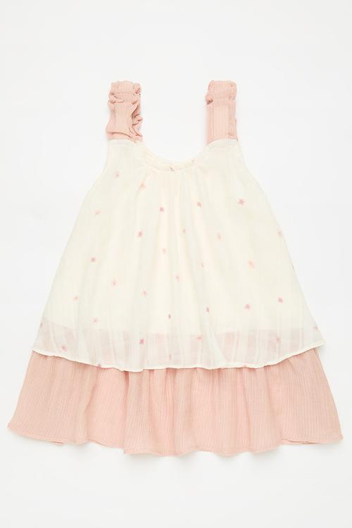 Contrast tiered dress with elasticated straps - pink/white