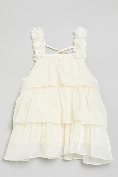 Tiered dress with floral cluster straps - cream