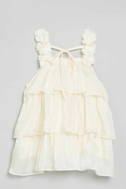 Tiered dress with floral cluster straps - cream