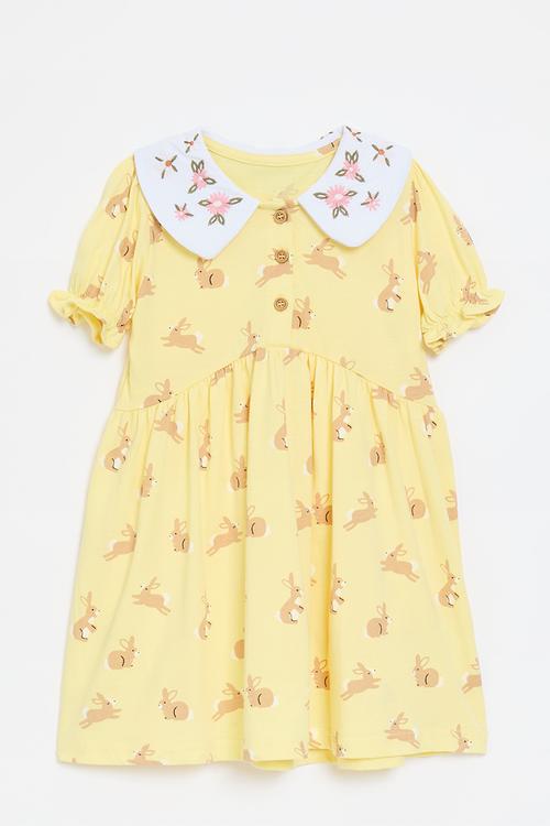 Rounded edge embroidered collar dress - yellow/bunnies/white