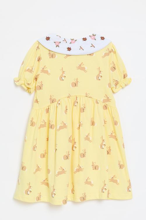 Rounded edge embroidered collar dress - yellow/bunnies/white