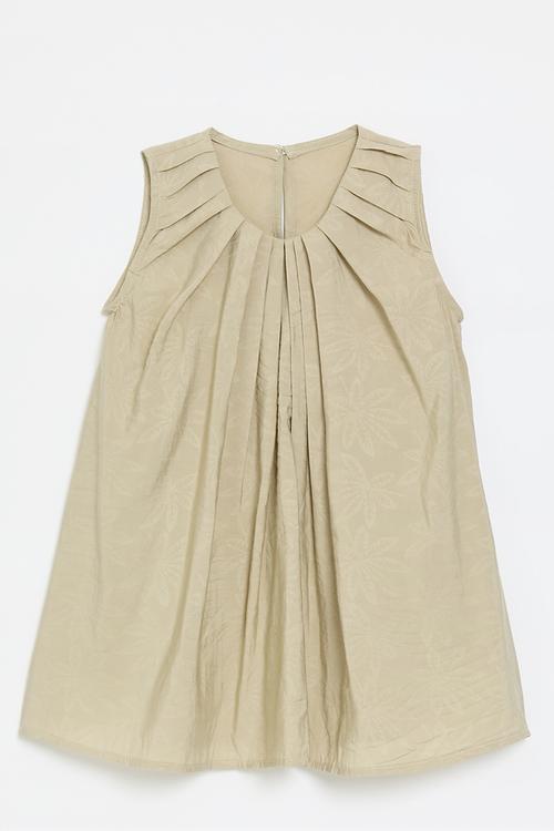 Box pleated neckline dress with inverted pleat front - beige