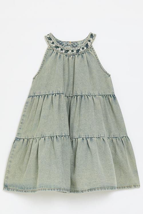 Tiered denim dress with embroidered halter neck - blue