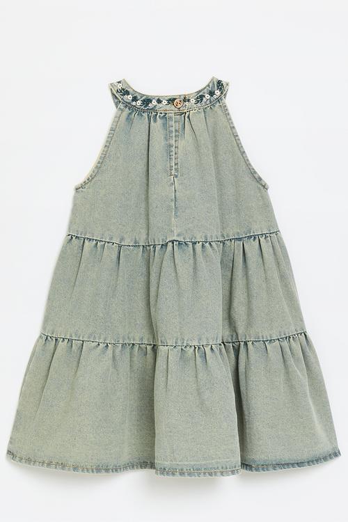 Tiered denim dress with embroidered halter neck - blue