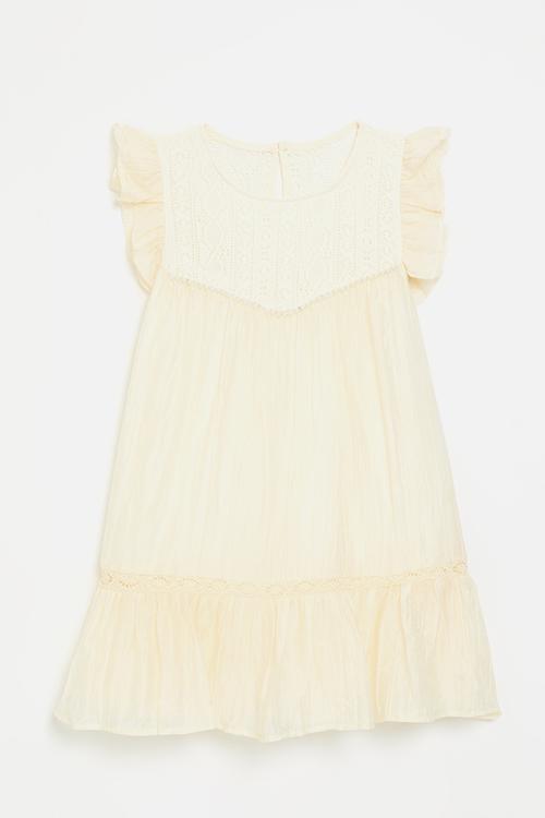 Crochet lace bodice dress with gathered hem - ecru