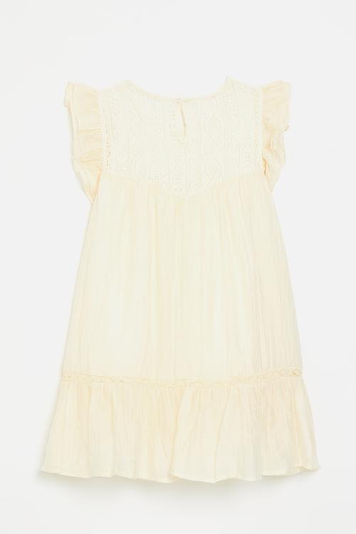 Crochet lace bodice dress with gathered hem - ecru