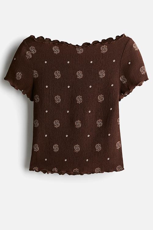 Overlock-detail crinkled top - dark brown/patterned