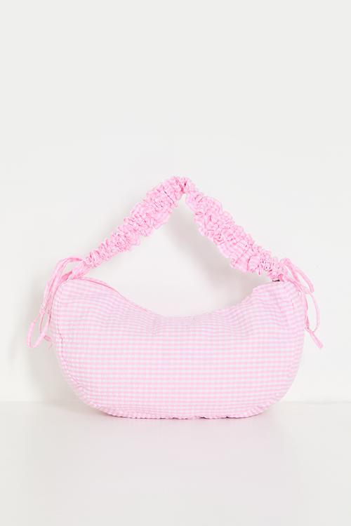 Crescent moon shoulder bag with elasticated strap - pink gingham