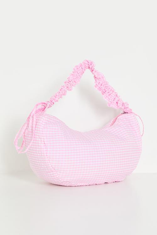 Crescent moon shoulder bag with elasticated strap - pink gingham