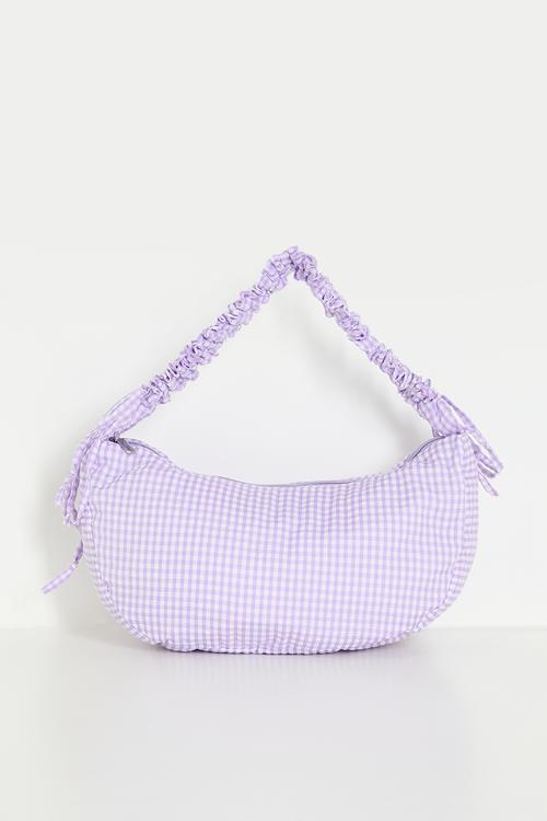 Crescent moon shoulder bag with elasticated strap - lilac gingham