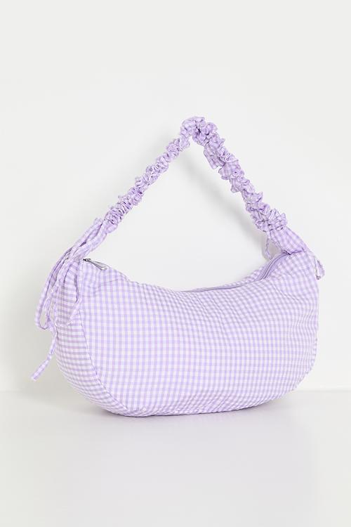 Crescent moon shoulder bag with elasticated strap - lilac gingham