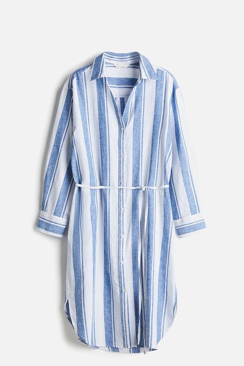 Linen-blend shirt dress - white/blue striped 
