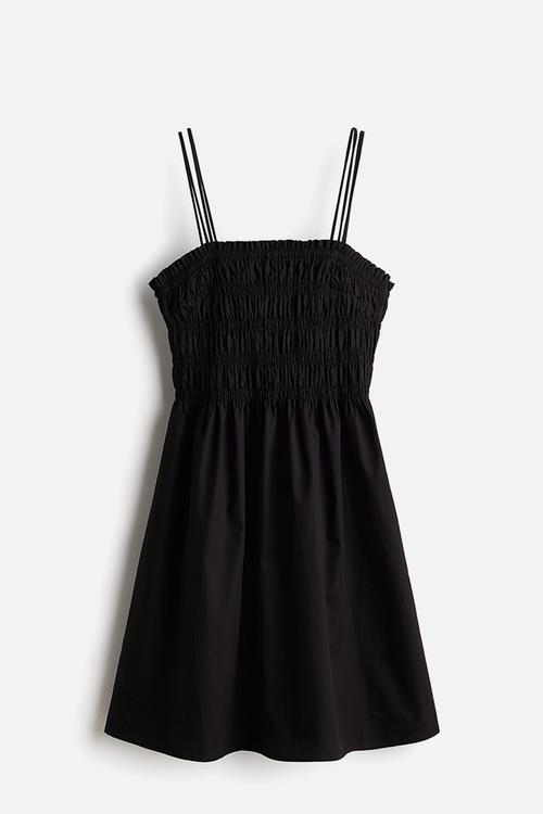 Smocked-bodice cotton dress - black