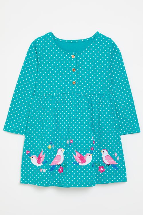 Bird embroidered graphic polka dot dress - aqua 