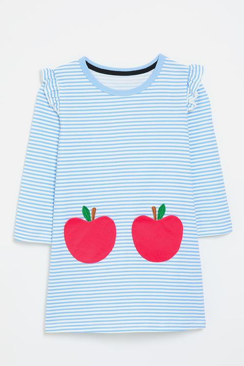 Blue stripe dress with apple applique - multi