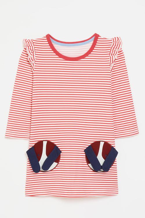 Red stripe dress with puppy applique - multi
