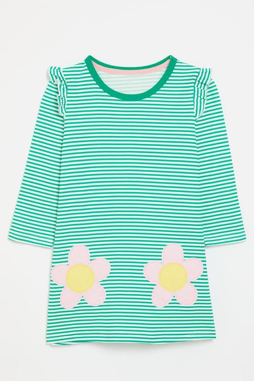 Green stripe dress with flower applique - multi