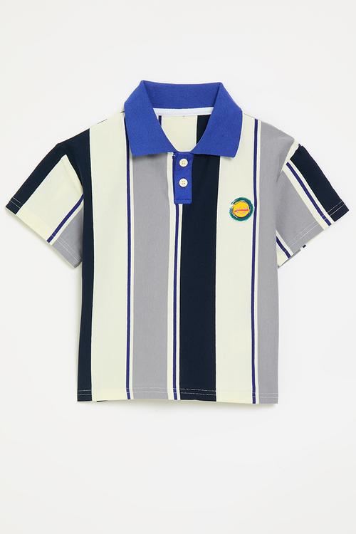 Striped golfer tee with applique sun badge - multi