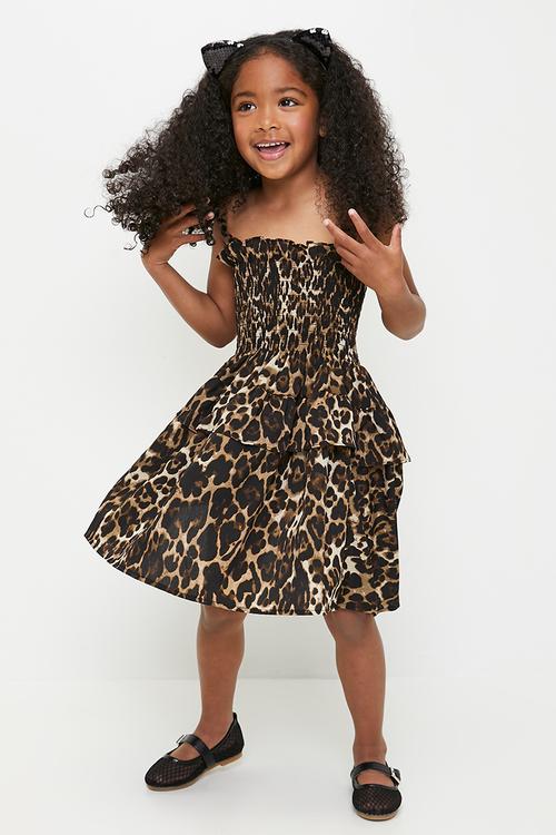 Dropped waist dress with shirred bodice - leopard print