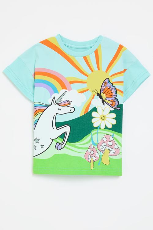 Graphic print tee - aqua/multi